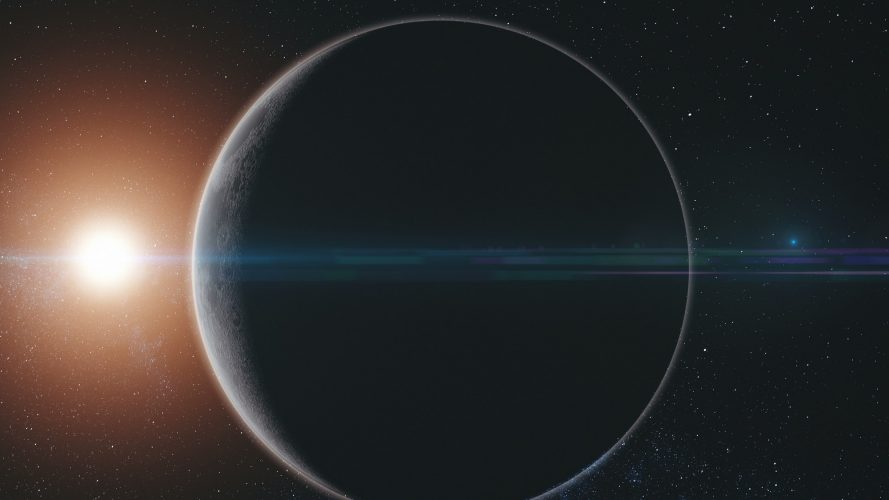 Moon orbit surface sun beam glow starry galaxy