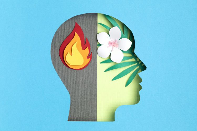 Papercut head, adult bipolar disorder concept. Mental health problems, psychology, mental illness