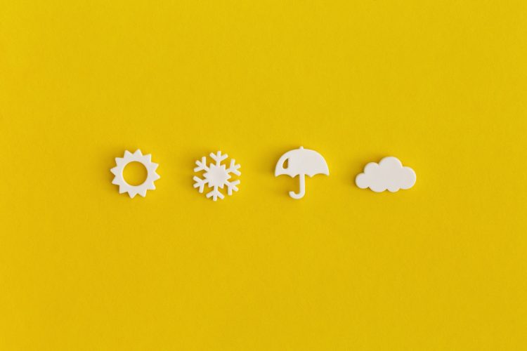 Weather icons set on yellow background. Weather forecast concept.