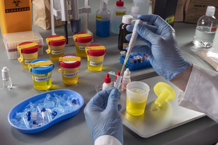 Forensic police analyse several containers of human urine