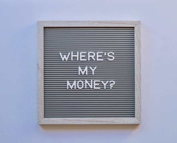 Where’s my money in white letters on a gray message board