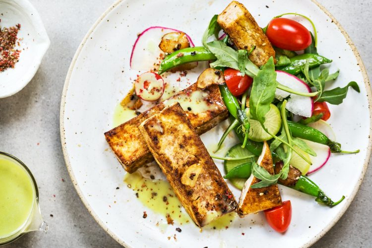 Tofu steak with Snow Peas and Rocket Salad