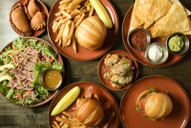 Food, lunch and dinner quesadillas burgers healthy salad sashimi empanadas