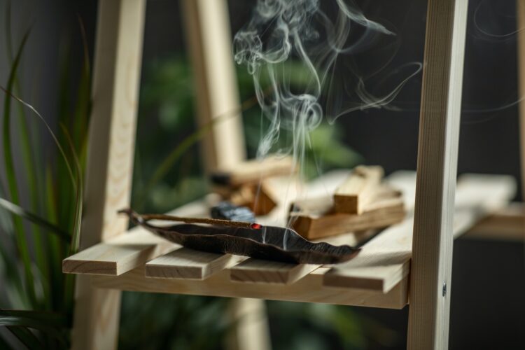magical smoke from a burning incense stick on an incense stand on a wooden shelf in the interior