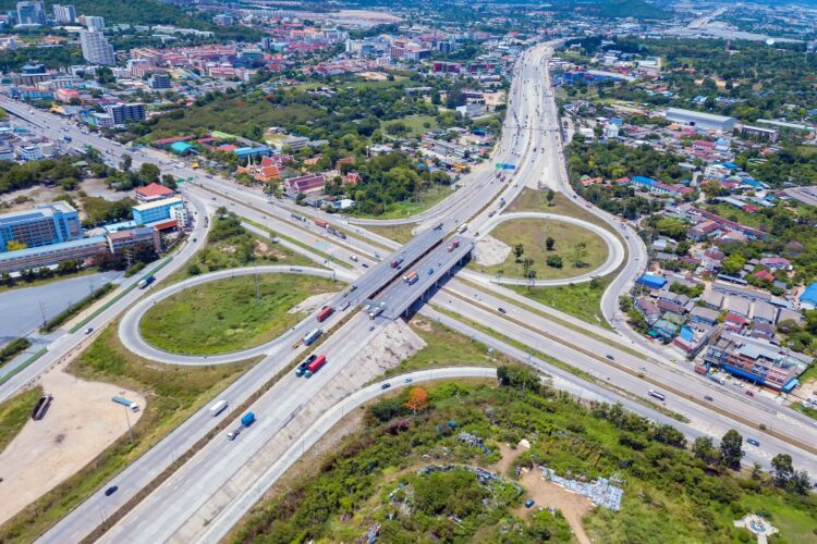 Aerial view of highway junctions. Bridge roads shape number 8 or infinity sign in structure