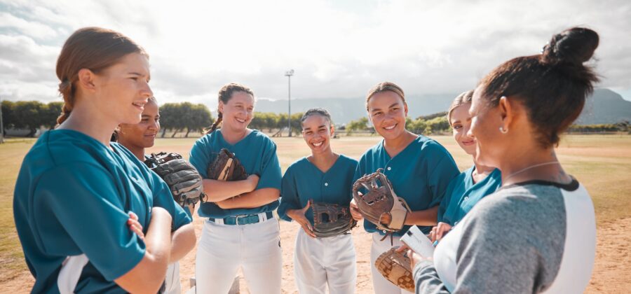 Baseball, team and women with coach talking, conversation or speaking about game strategy. Motivati