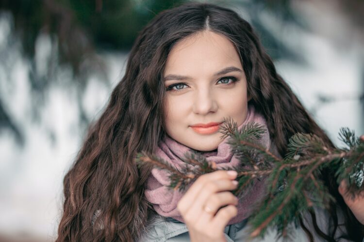 beautiful girl long hair winter close up portrait