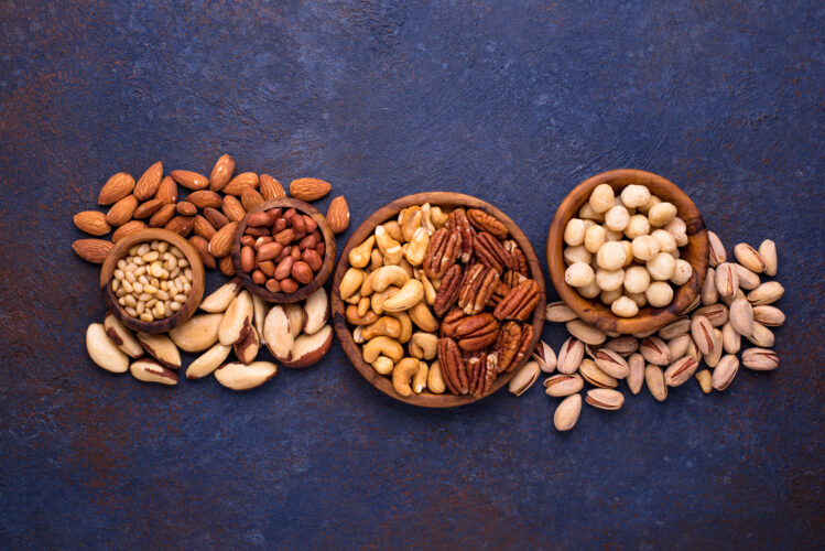 Almonds, pecan, macadamia, pistachio, and cashew