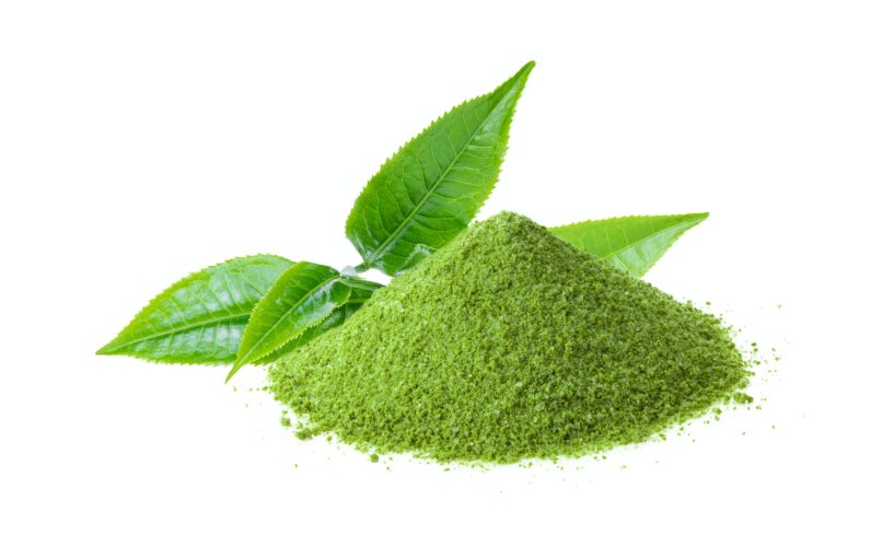 Instant matcha green tea with leaf on white