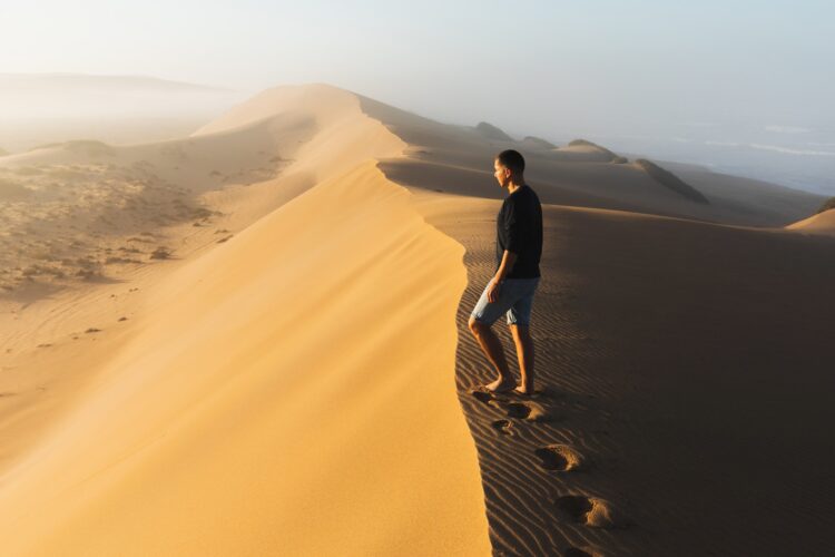 Man enjoying sunrise on top of huge sand dune. Beautiful warm sun light. Sahara desert, Morocco.