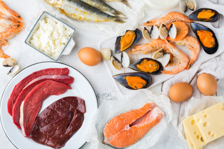 Assortment of healthy vitamin B12, cobalamin source food