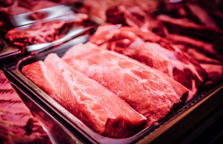 Much of red and raw meat in a meat grocery