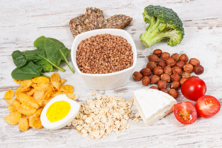 Products and ingredients containing vitamin B2 and dietary fiber, healthy nutrition concept