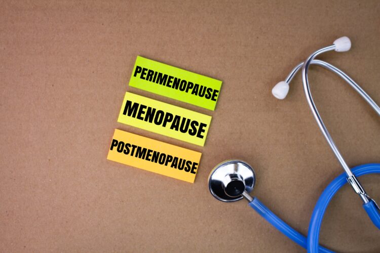 stethoscope with the words perimenopause, menopause and postmenopause.