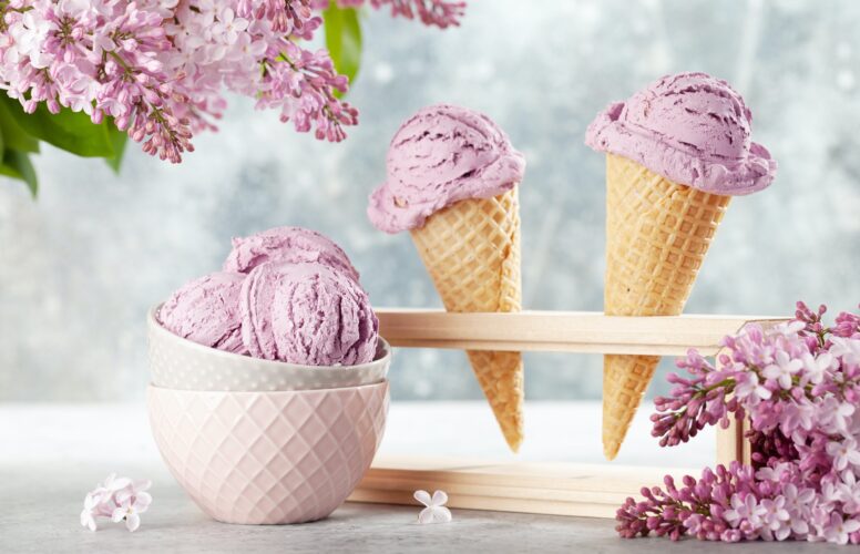Berry ice cream in waffle cones