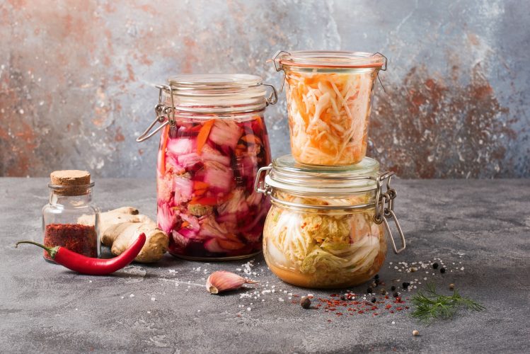 Fermented Cabbage, Fermented Vegetables in Jars, Kimchi, Fermentation Concept
