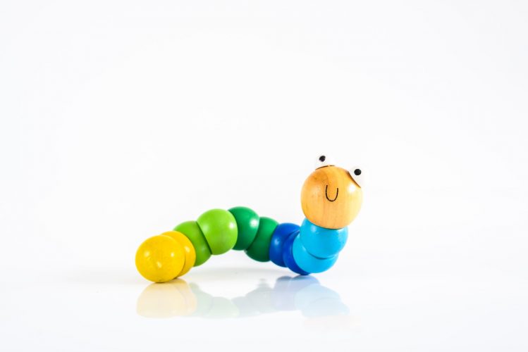 Toy caterpillar with smile, to illustrate concepts of infant intestinal health.